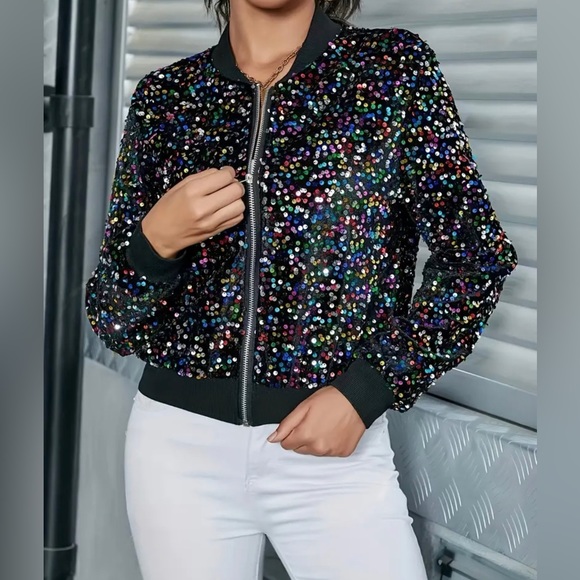 Zip Up Sequin Bomber Jacket